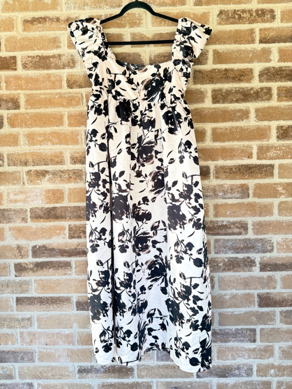Black & White Floral Maxi Dress with Ruffle Straps - Women